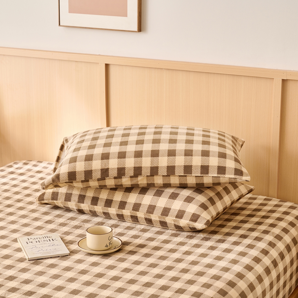 91家纺网 家纺一手货源 找家纺 早晨家纺 2025新款野牧款高克重牛奶绒印花单床笠 野牧-咖小格