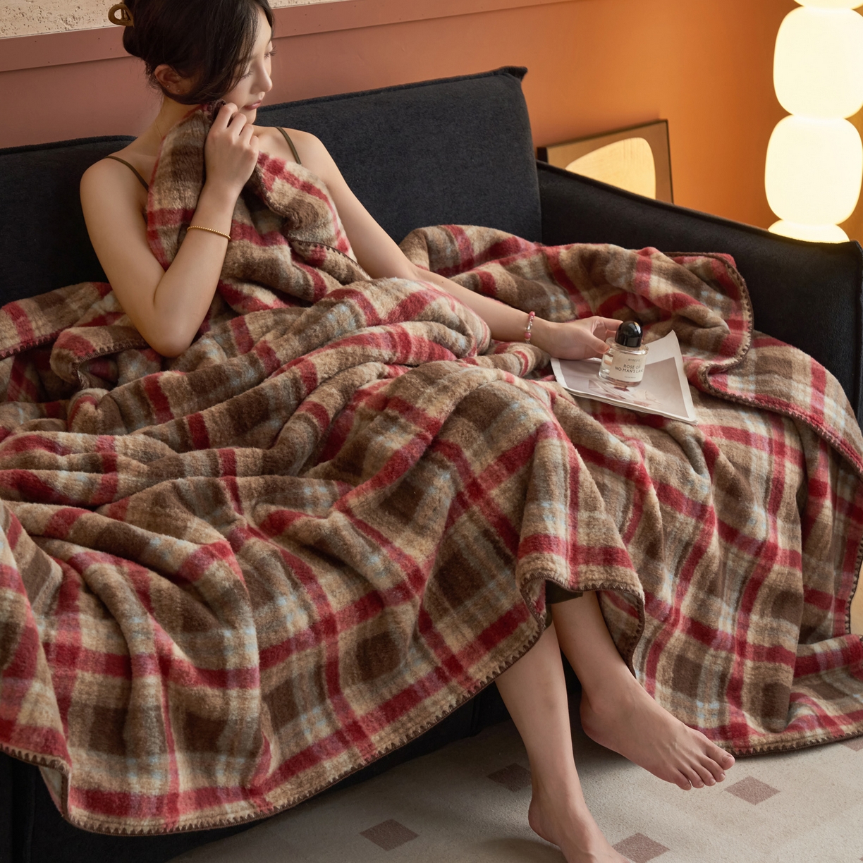 91家纺网 家纺一手货源 找家纺 早晨家纺 2025新款230g双层羊绒牛奶绒毛毯 双层毛毯-苏格兰格