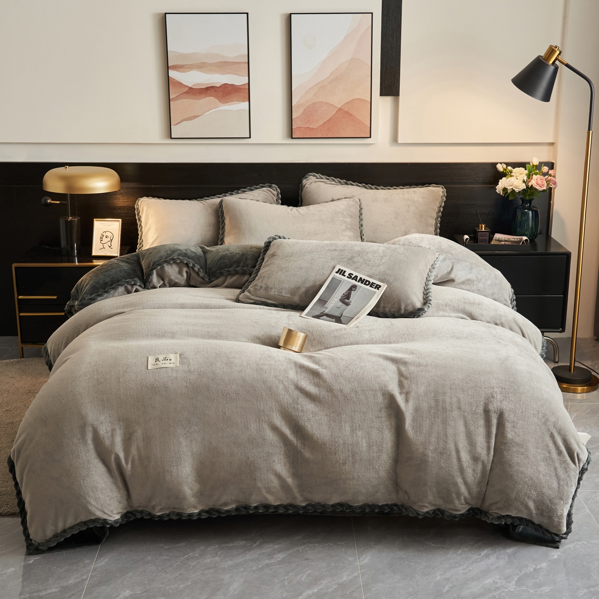 91家纺网 家纺一手货源 找家纺 早晨家纺 2025新款黑金牛奶绒纯色-单被套系列风格1 黑金-浅灰