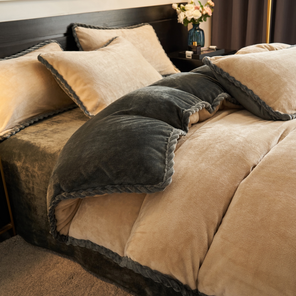 91家纺网 家纺一手货源 找家纺 早晨家纺 2025新款黑金牛奶绒纯色-单被套系列风格1 黑金-米驼