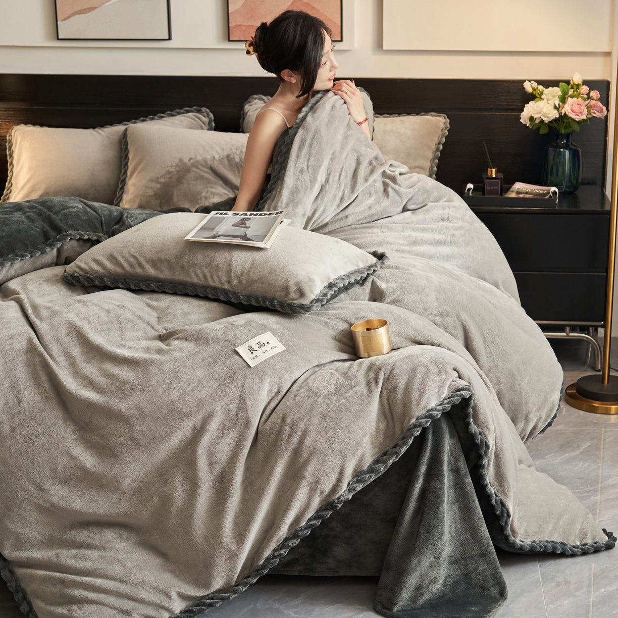 91家纺网 家纺一手货源 找家纺 早晨家纺 2025新款黑金牛奶绒纯色-单被套系列风格1 黑金-浅灰