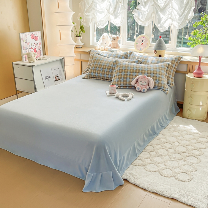 91家纺网 家纺一手货源 找家纺 仟网汇 2025新款双面牛奶绒四件套 奶咖格蓝