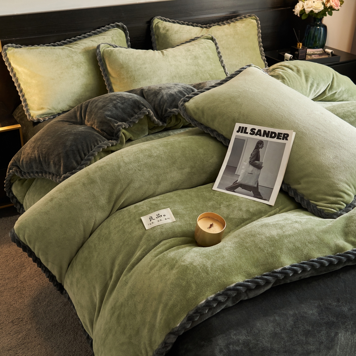 91家纺网 家纺一手货源 找家纺 早晨家纺 2025新款黑金牛奶绒纯色-单被套系列风格1 黑金-草绿