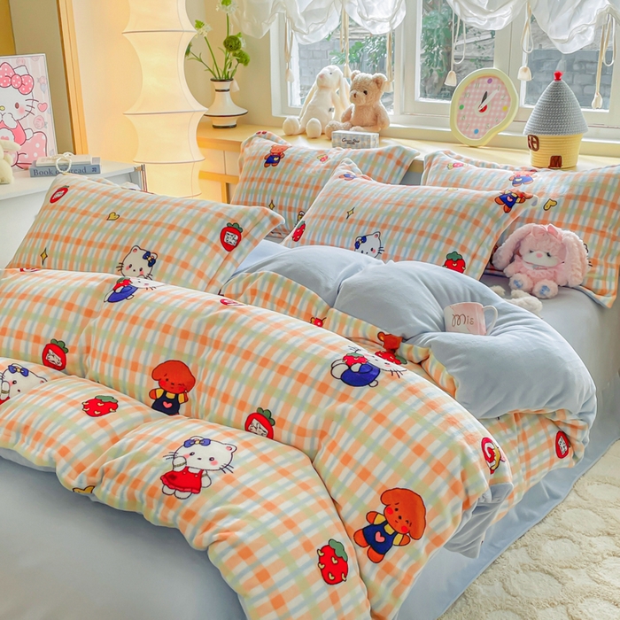 91家纺网 家纺一手货源 找家纺 仟网汇 2025新款双面牛奶绒四件套 草莓喵蓝