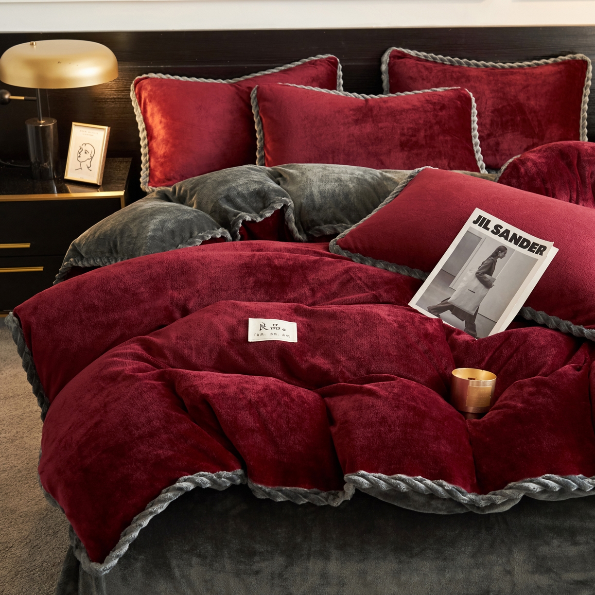 91家纺网 家纺一手货源 找家纺 早晨家纺 2025新款黑金牛奶绒纯色-单被套系列风格1 黑金-酒红