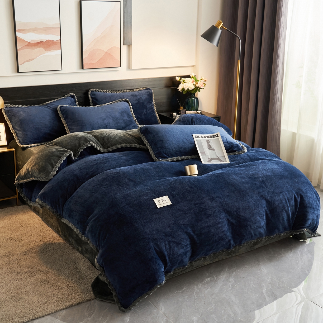 91家纺网 家纺一手货源 找家纺 早晨家纺 2025新款黑金牛奶绒纯色-单被套系列风格1 黑金-深蓝