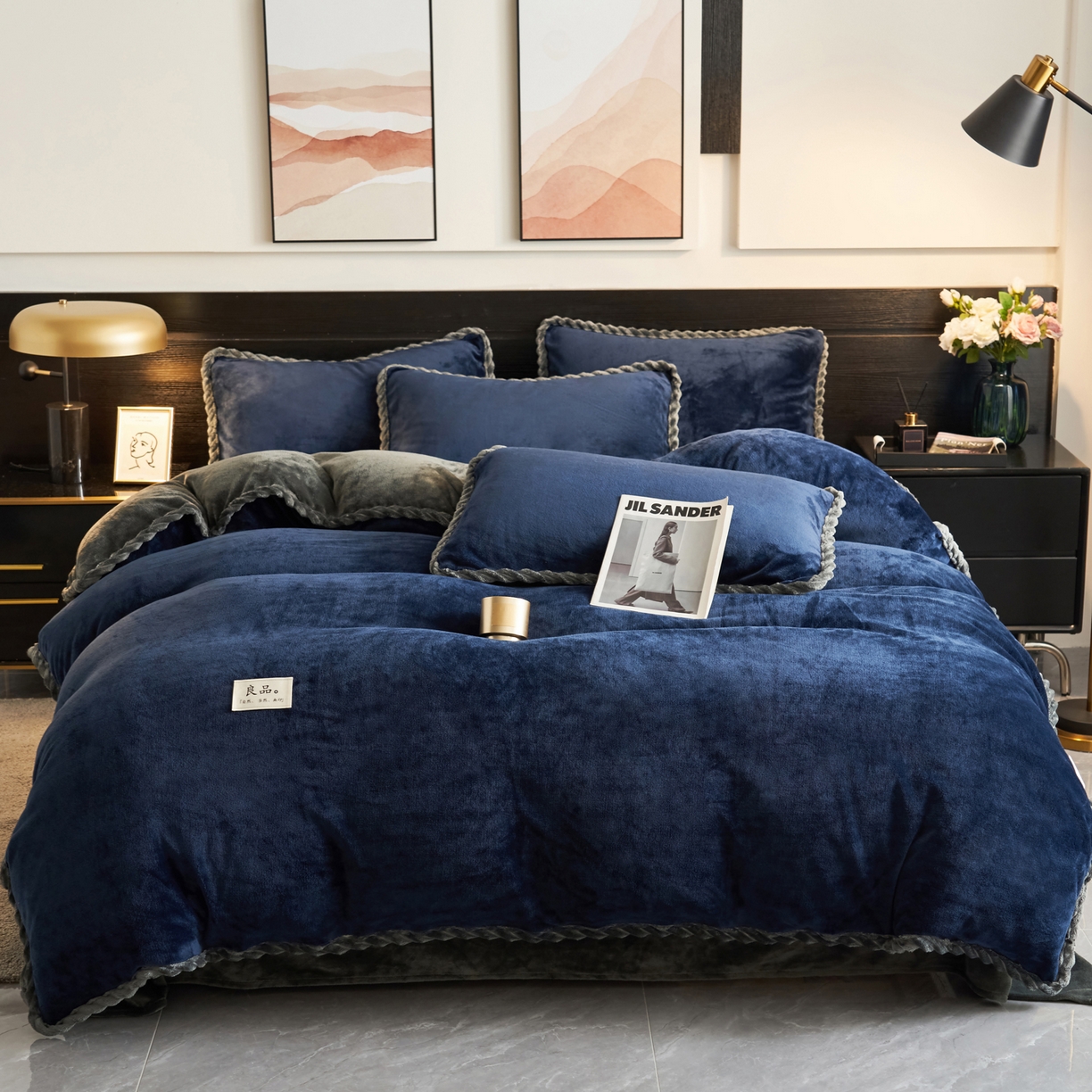 91家纺网 家纺一手货源 找家纺 早晨家纺 2025新款黑金牛奶绒纯色-单被套系列风格1 黑金-深蓝