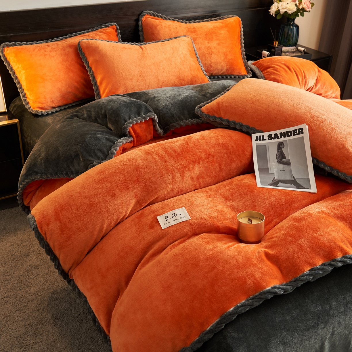 91家纺网 家纺一手货源 找家纺 早晨家纺 2025新款黑金牛奶绒纯色-单被套系列风格1 黑金-桔色