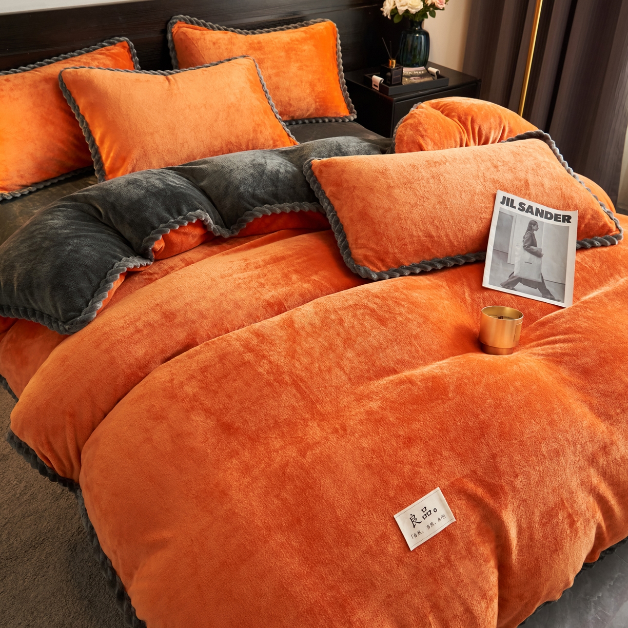 91家纺网 家纺一手货源 找家纺 早晨家纺 2025新款黑金牛奶绒纯色-单被套系列风格1 黑金-桔色