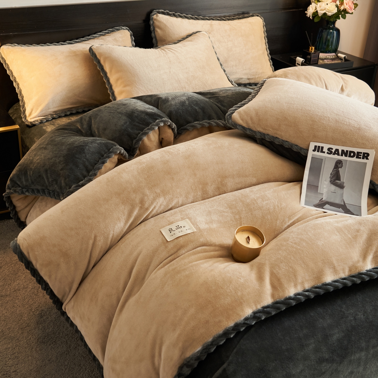 91家纺网 家纺一手货源 找家纺 早晨家纺 2025新款黑金牛奶绒纯色-单被套系列风格1 黑金-米驼