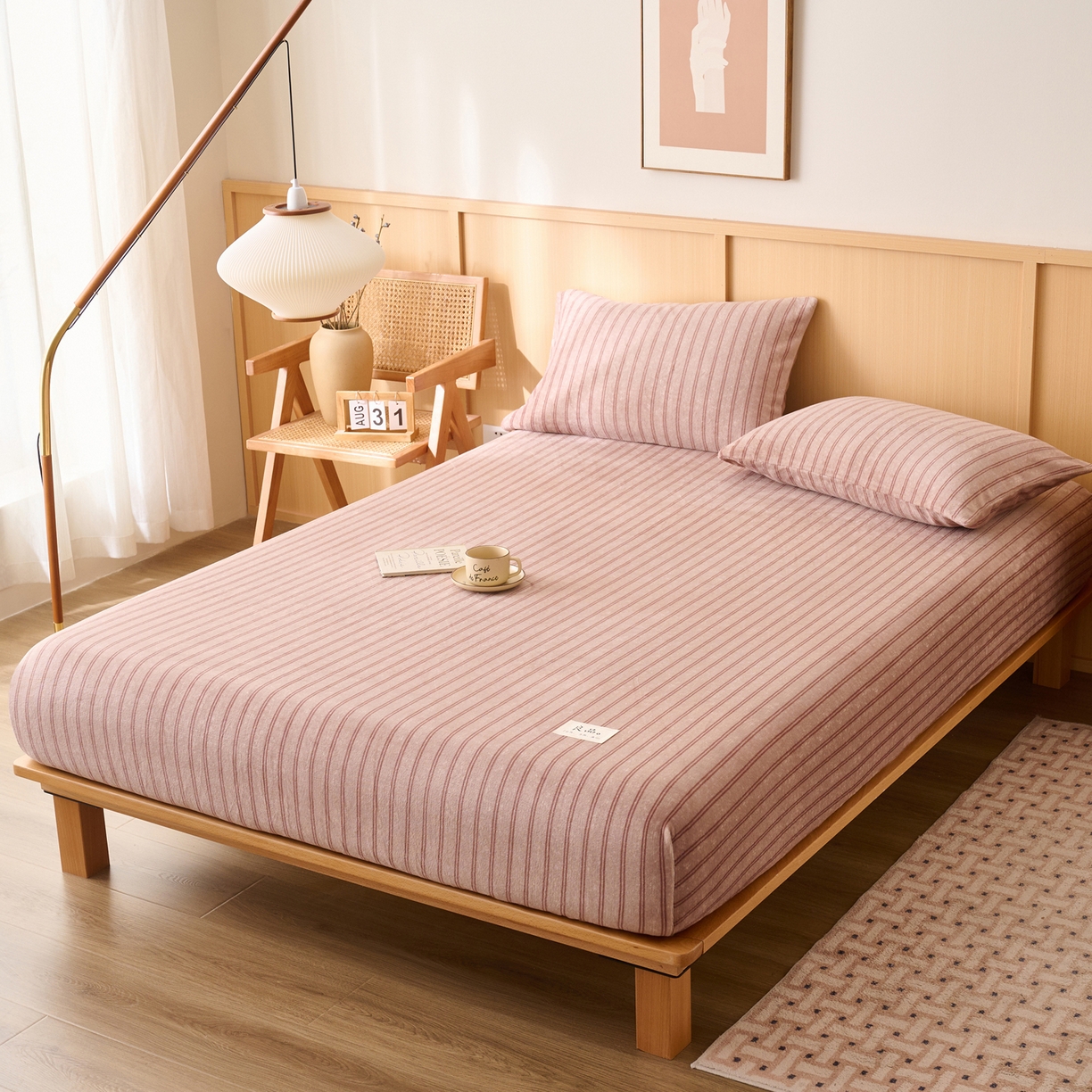 91家纺网 家纺一手货源 找家纺 早晨家纺 2025新款野牧款高克重牛奶绒印花单床笠 野牧-竖条咖