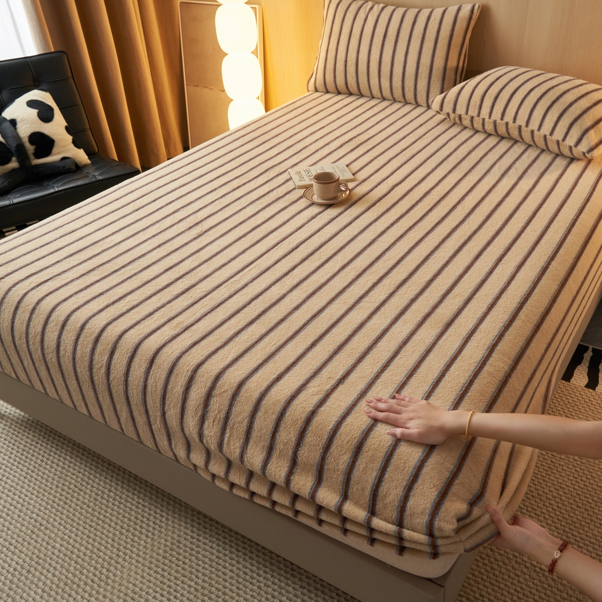 91家纺网 家纺一手货源 找家纺 早晨家纺 2025新款未末款仿羊绒牛奶绒床笠 未末-暖棕