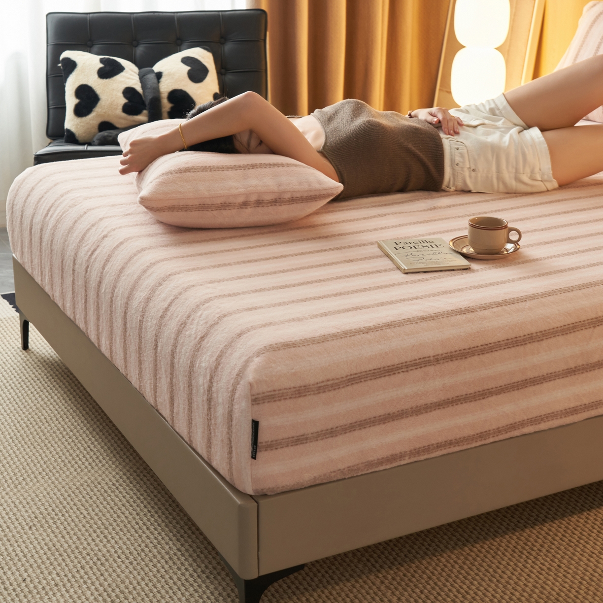 91家纺网 家纺一手货源 找家纺 早晨家纺 2025新款未末款仿羊绒牛奶绒床笠 未末-柔粉