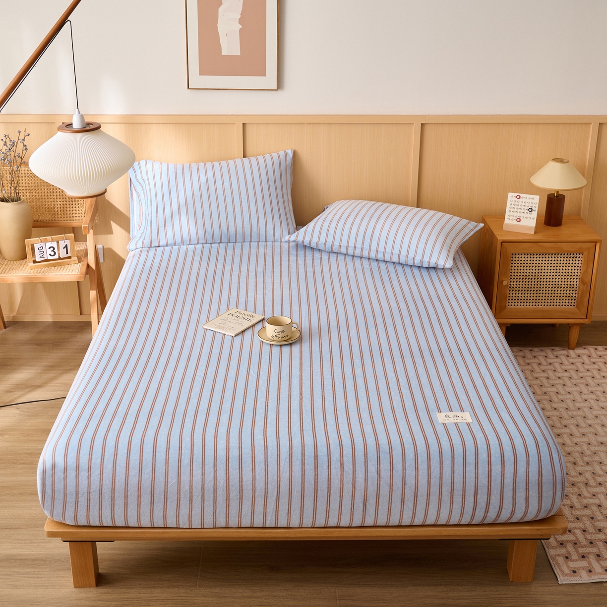 91家纺网 家纺一手货源 找家纺 早晨家纺 2025新款野牧款高克重牛奶绒印花单床笠 野牧-竖条蓝