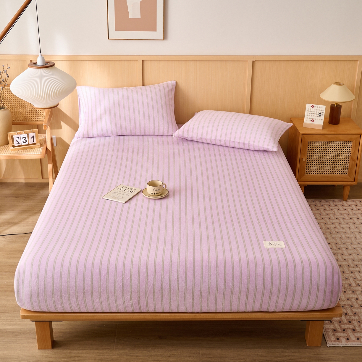 91家纺网 家纺一手货源 找家纺 早晨家纺 2025新款野牧款高克重牛奶绒印花单床笠 野牧-竖条紫粉