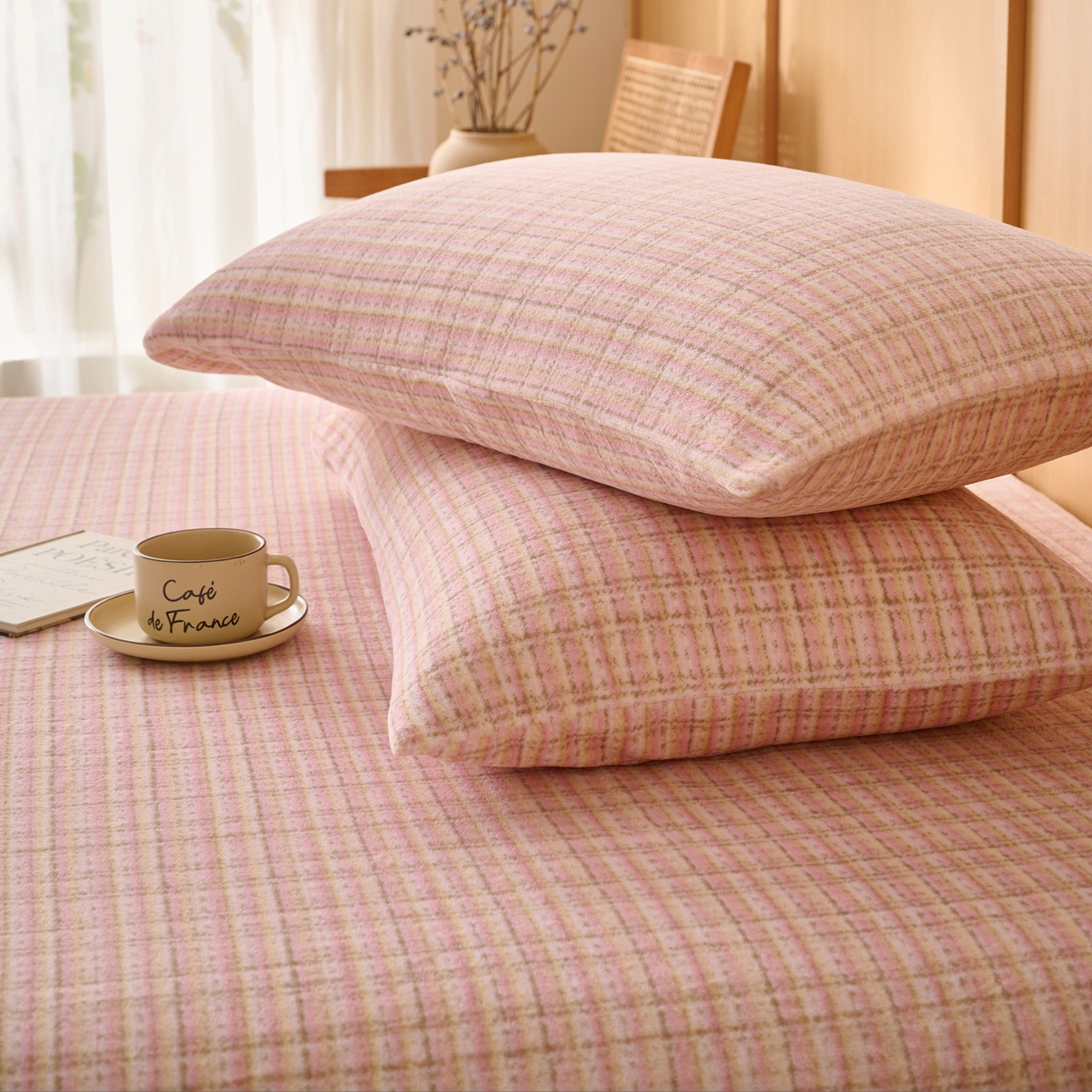 91家纺网 家纺一手货源 找家纺 早晨家纺 2025新款野牧款高克重牛奶绒印花单床笠 野牧-香风粉