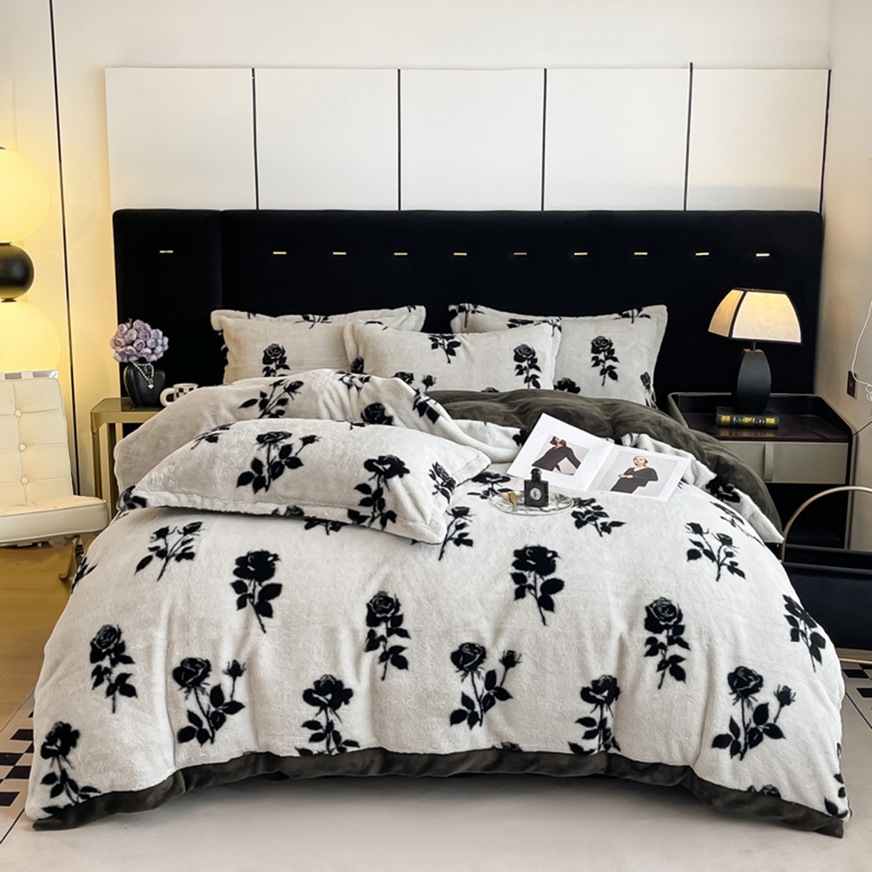 仟网汇 2025新款加厚兔毛绒法式宽边四件套牛奶绒 邂逅玫瑰