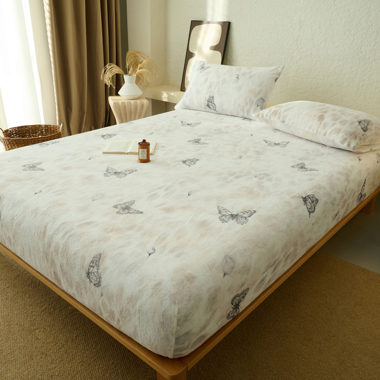 91家纺网 家纺一手货源 找家纺 早晨家纺 2025新款数码印花高克重牛奶单床笠 蝶梦