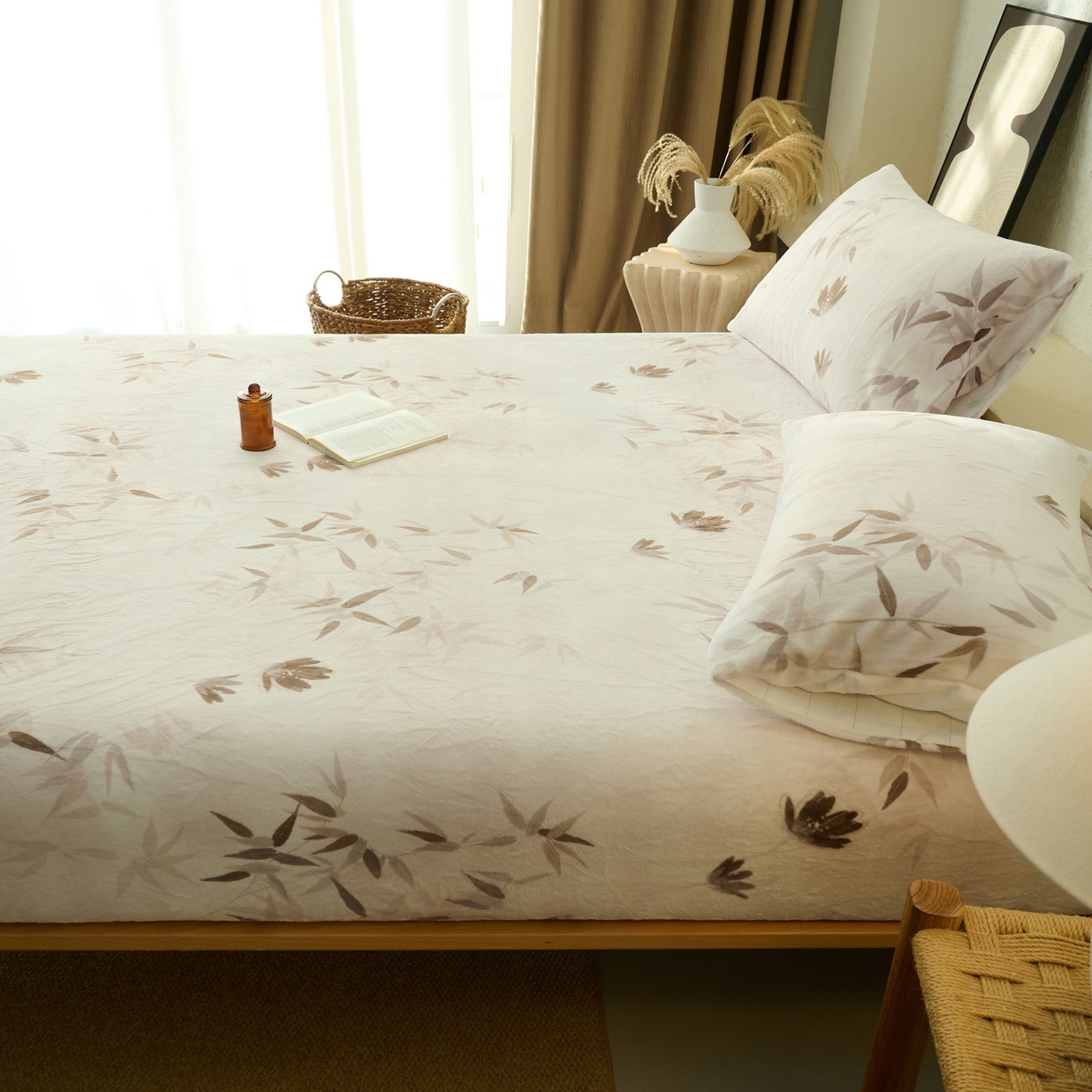 91家纺网 家纺一手货源 找家纺 早晨家纺 2025新款数码印花高克重牛奶单床笠 竹影