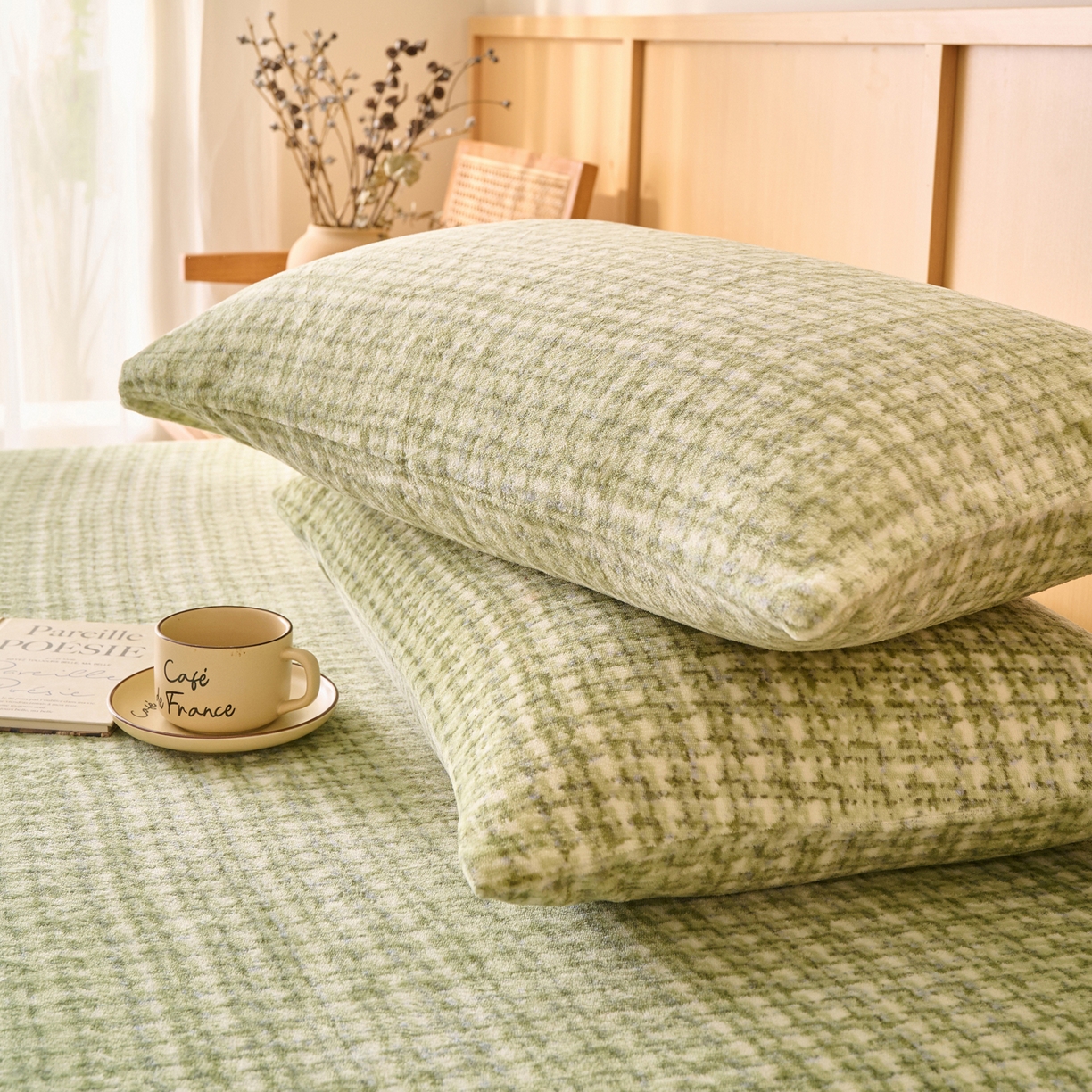 91家纺网 家纺一手货源 找家纺 早晨家纺 2025新款野牧款高克重牛奶绒印花单床笠 野牧-香风绿