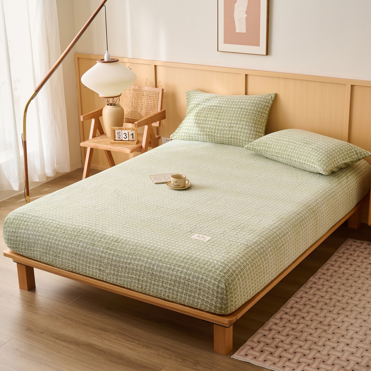 91家纺网 家纺一手货源 找家纺 早晨家纺 2025新款野牧款高克重牛奶绒印花单床笠 野牧-香风绿