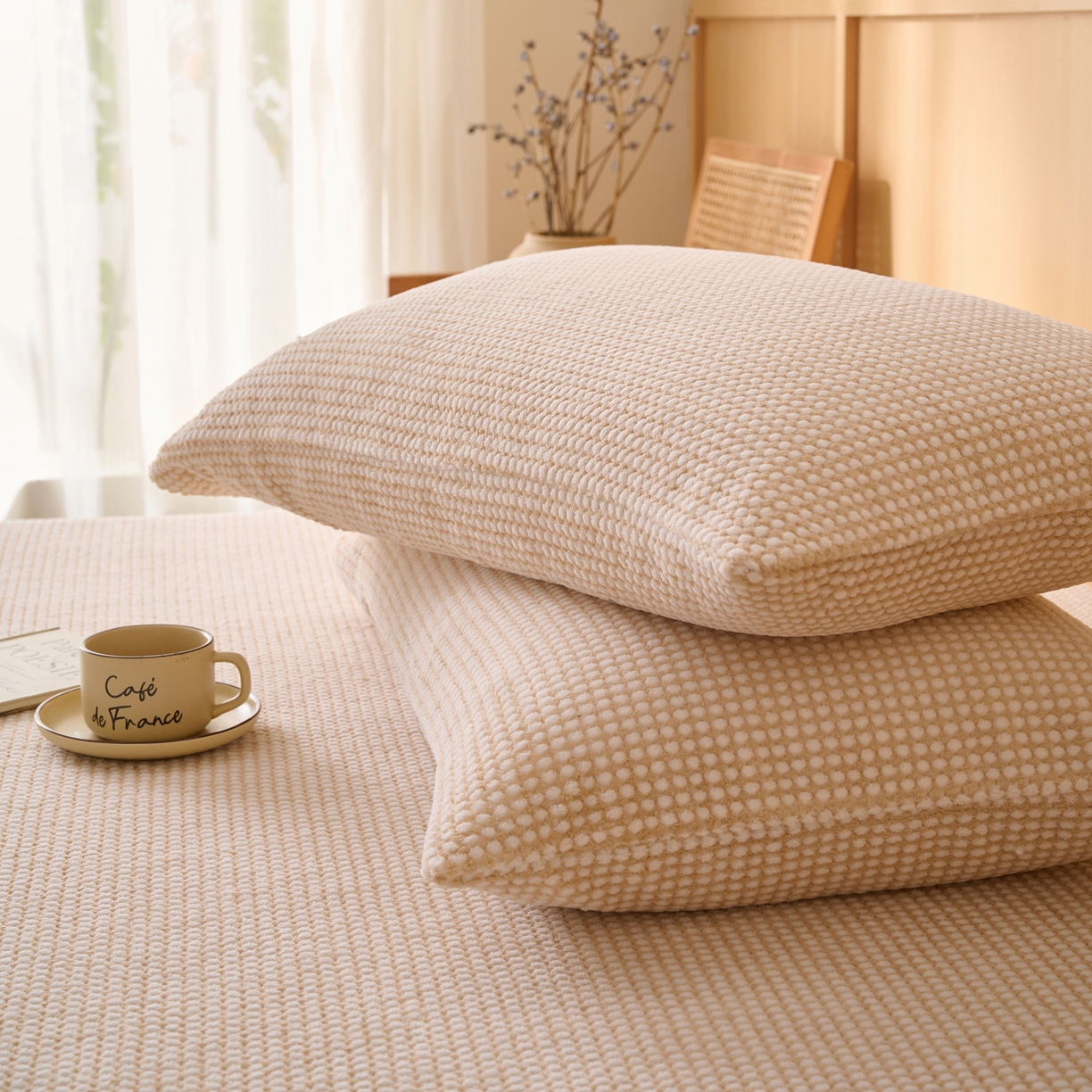 91家纺网 家纺一手货源 找家纺 早晨家纺 2025新款深蓝款高克重牛奶绒阳离子提花单床笠 深蓝-黄