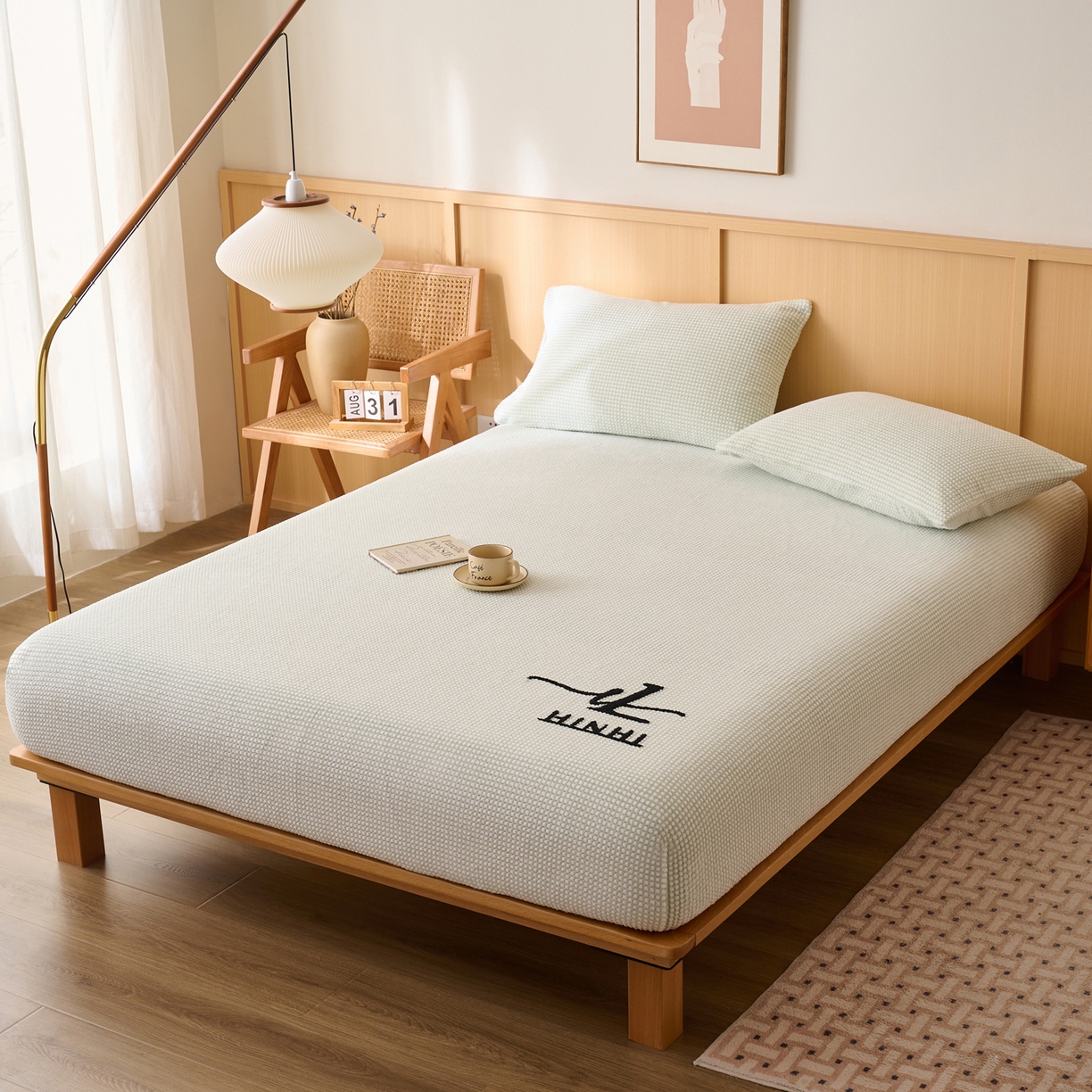 91家纺网 家纺一手货源 找家纺 早晨家纺 2025新款深蓝款高克重牛奶绒阳离子提花单床笠 深蓝-绿