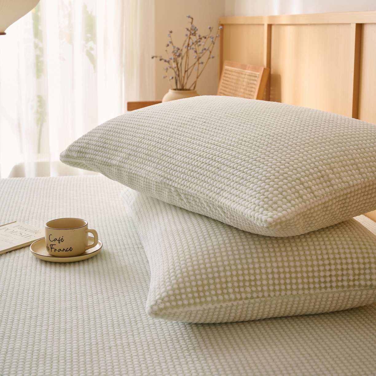 91家纺网 家纺一手货源 找家纺 早晨家纺 2025新款深蓝款高克重牛奶绒阳离子提花单床笠 深蓝-绿