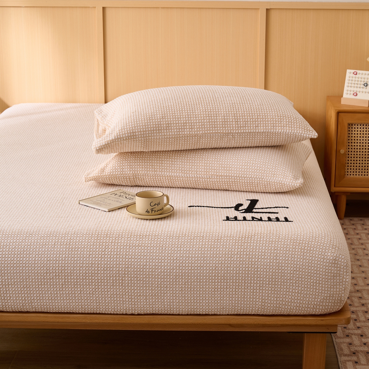 91家纺网 家纺一手货源 找家纺 早晨家纺 2025新款深蓝款高克重牛奶绒阳离子提花单床笠 深蓝-黄