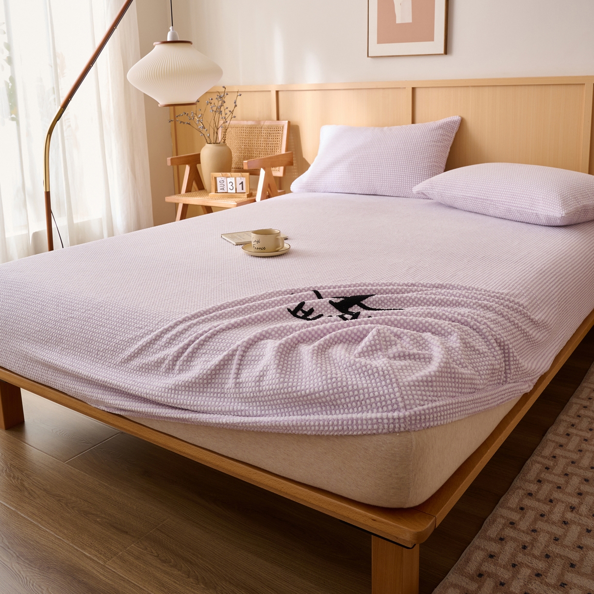 91家纺网 家纺一手货源 找家纺 早晨家纺 2025新款深蓝款高克重牛奶绒阳离子提花单床笠 深蓝-紫