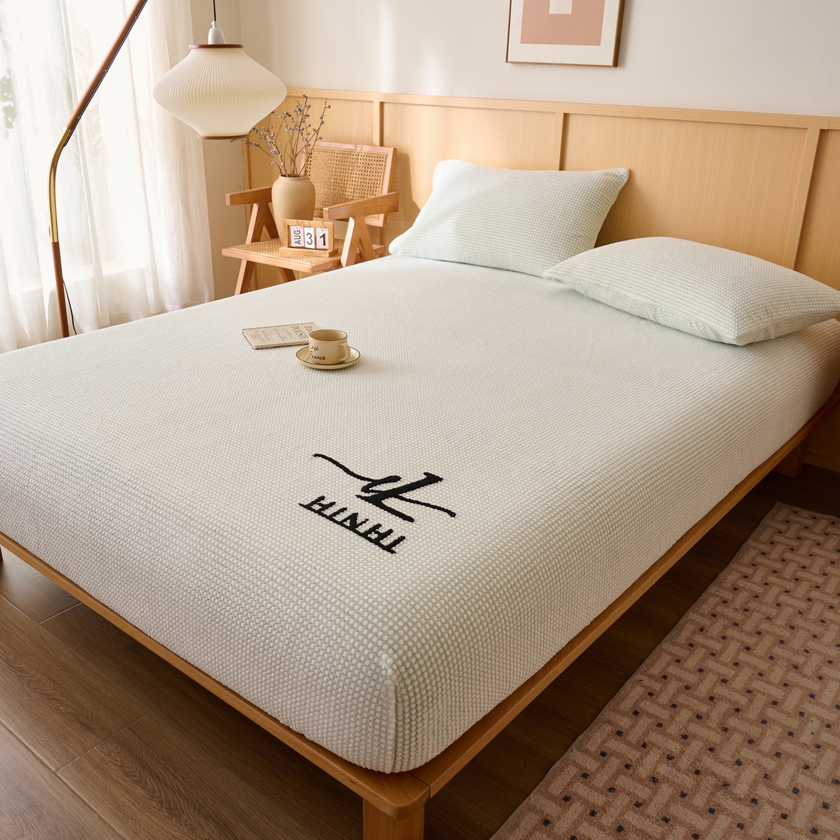 91家纺网 家纺一手货源 找家纺 早晨家纺 2025新款深蓝款高克重牛奶绒阳离子提花单床笠 深蓝-绿