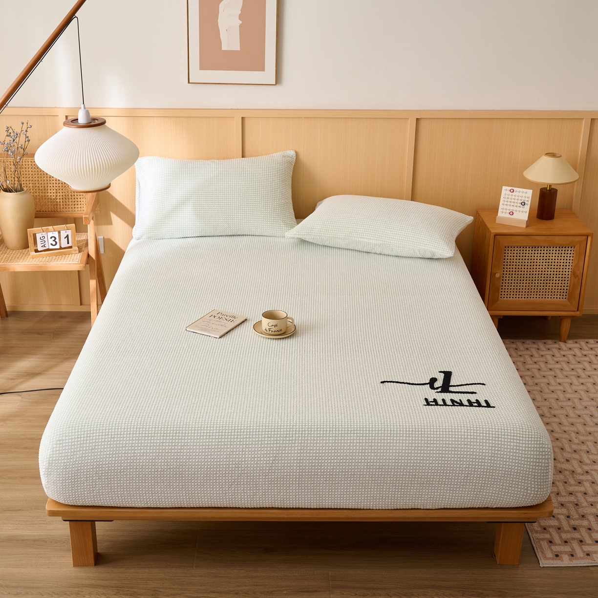 91家纺网 家纺一手货源 找家纺 早晨家纺 2025新款深蓝款高克重牛奶绒阳离子提花单床笠 深蓝-绿