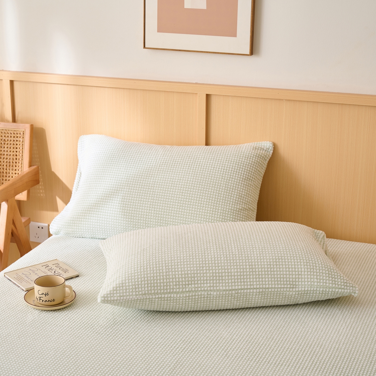 91家纺网 家纺一手货源 找家纺 早晨家纺 2025新款深蓝款高克重牛奶绒阳离子提花单床笠 深蓝-绿