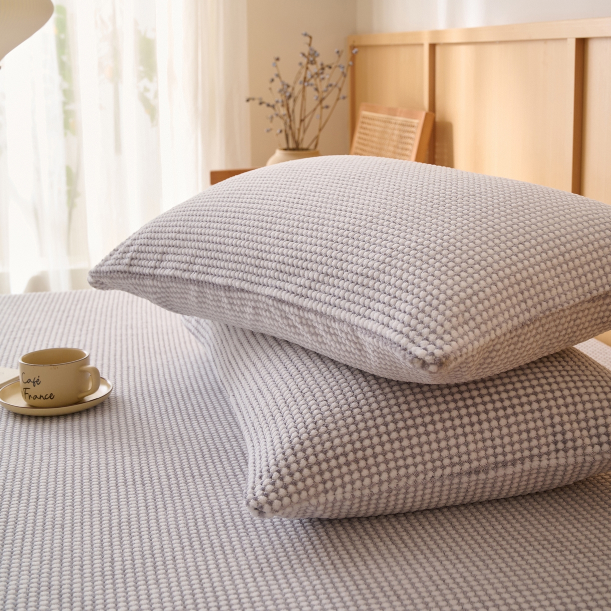 91家纺网 家纺一手货源 找家纺 早晨家纺 2025新款深蓝款高克重牛奶绒阳离子提花单床笠 深蓝-灰