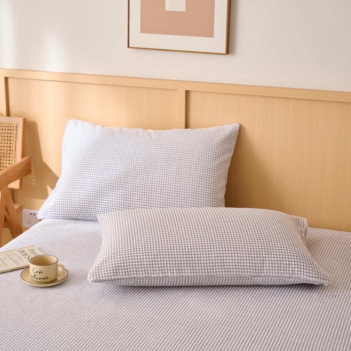 91家纺网 家纺一手货源 找家纺 早晨家纺 2025新款深蓝款高克重牛奶绒阳离子提花单床笠 深蓝-灰