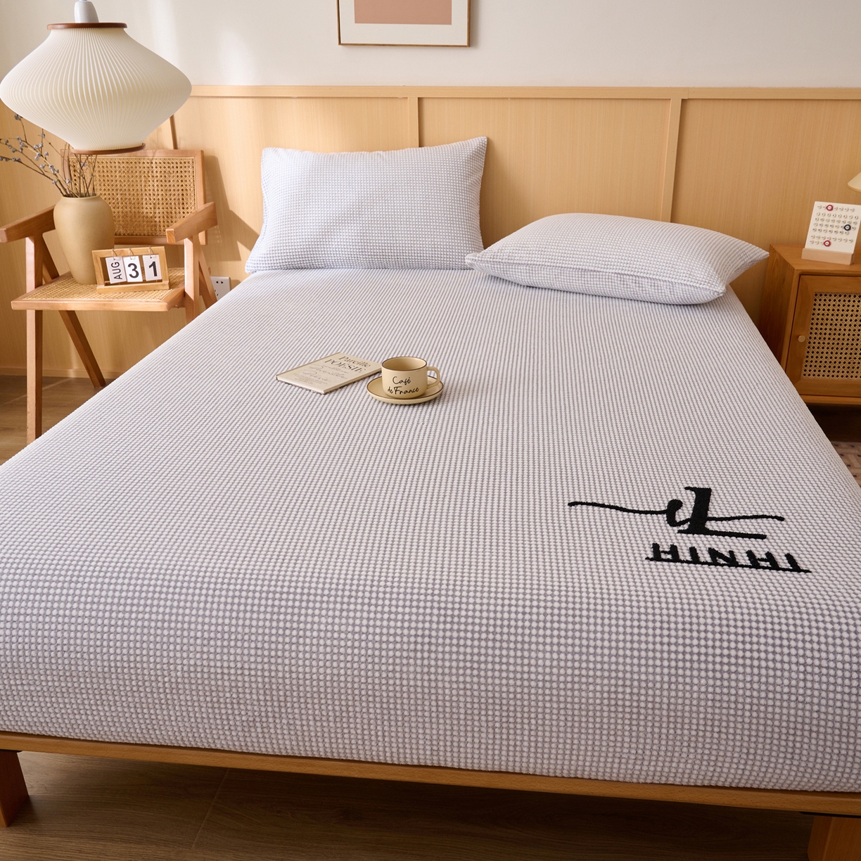 91家纺网 家纺一手货源 找家纺 早晨家纺 2025新款深蓝款高克重牛奶绒阳离子提花单床笠 深蓝-灰