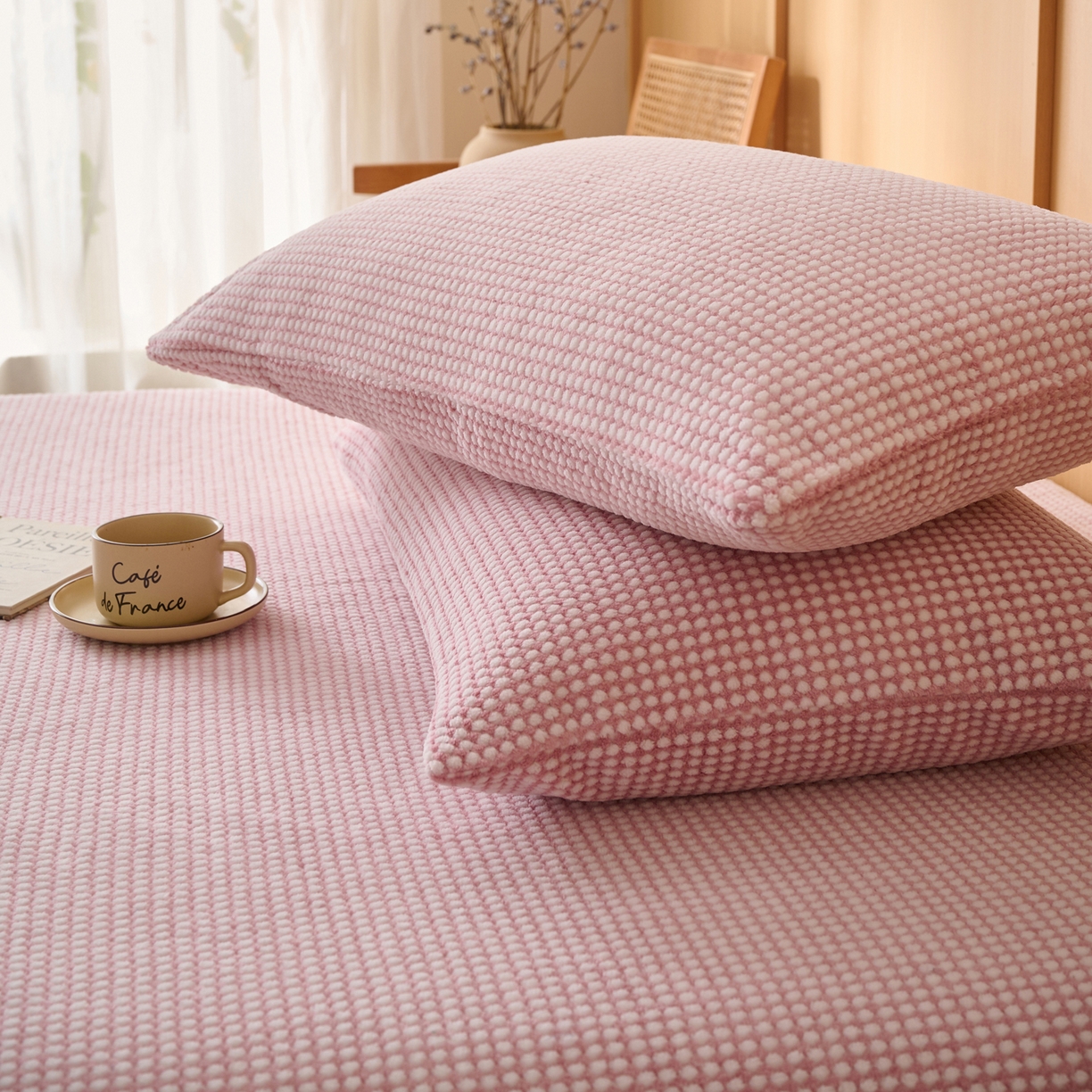 91家纺网 家纺一手货源 找家纺 早晨家纺 2025新款深蓝款高克重牛奶绒阳离子提花单床笠 深蓝-豆沙