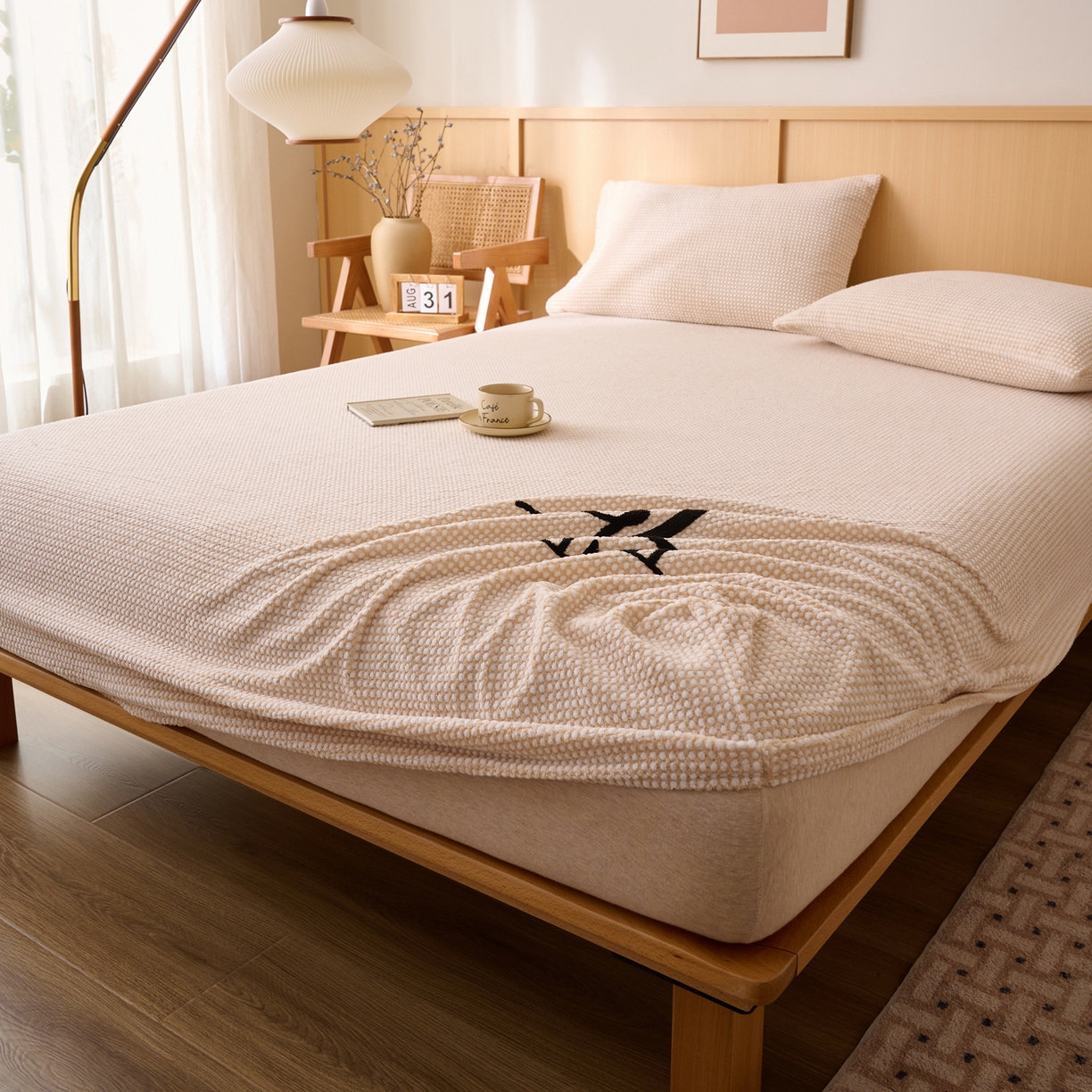 91家纺网 家纺一手货源 找家纺 早晨家纺 2025新款深蓝款高克重牛奶绒阳离子提花单床笠 深蓝-黄