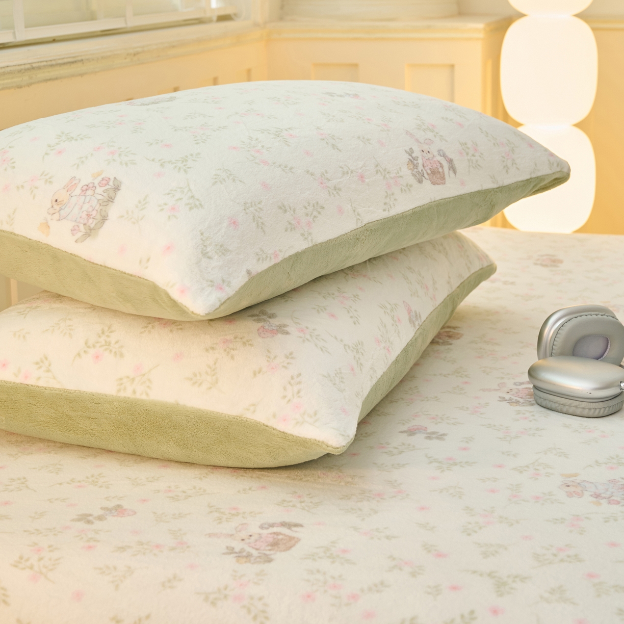 91家纺网 家纺一手货源 找家纺 早晨家纺 2025新款卡通印花高克重牛奶绒印花单床笠 花兔语