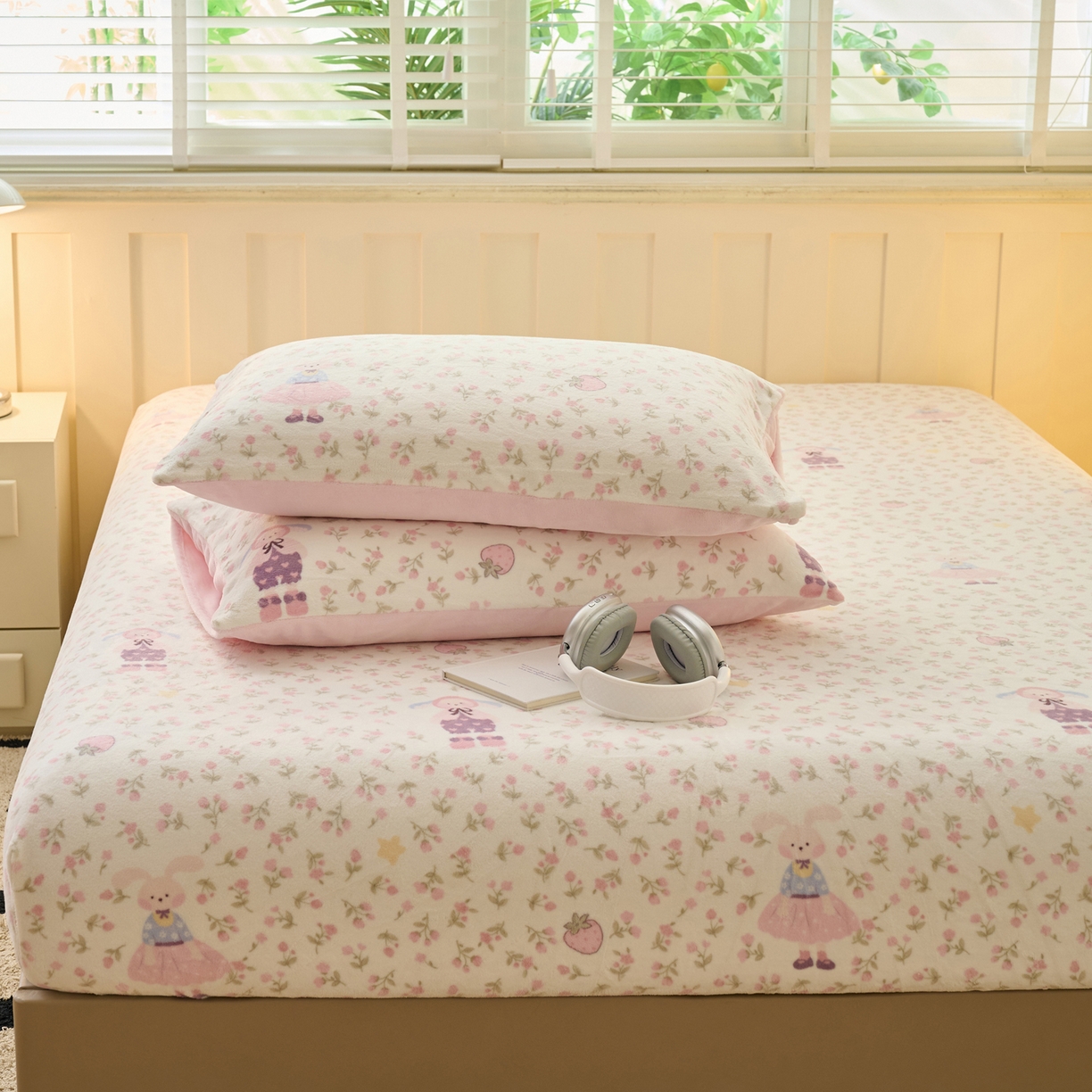 91家纺网 家纺一手货源 找家纺 早晨家纺 2025新款卡通印花高克重牛奶绒印花单床笠 花兔谣