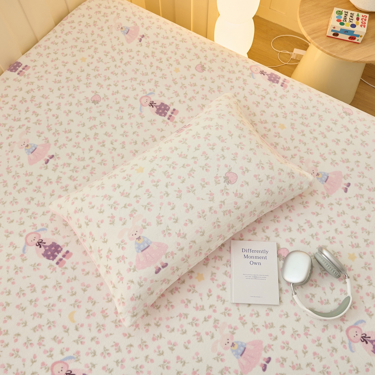 91家纺网 家纺一手货源 找家纺 早晨家纺 2025新款卡通印花高克重牛奶绒印花单床笠 花兔谣