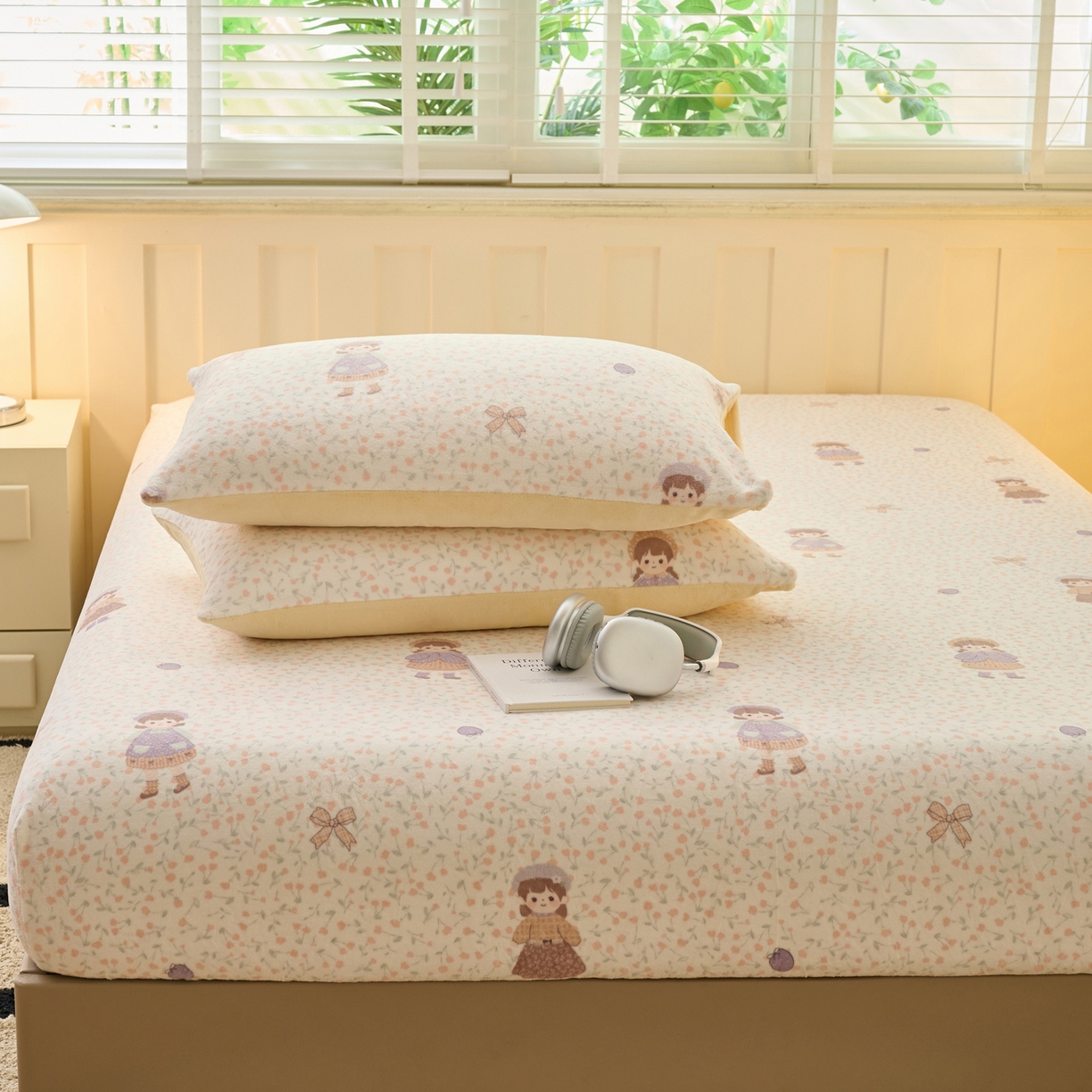 91家纺网 家纺一手货源 找家纺 早晨家纺 2025新款卡通印花高克重牛奶绒印花单床笠 童梦谣