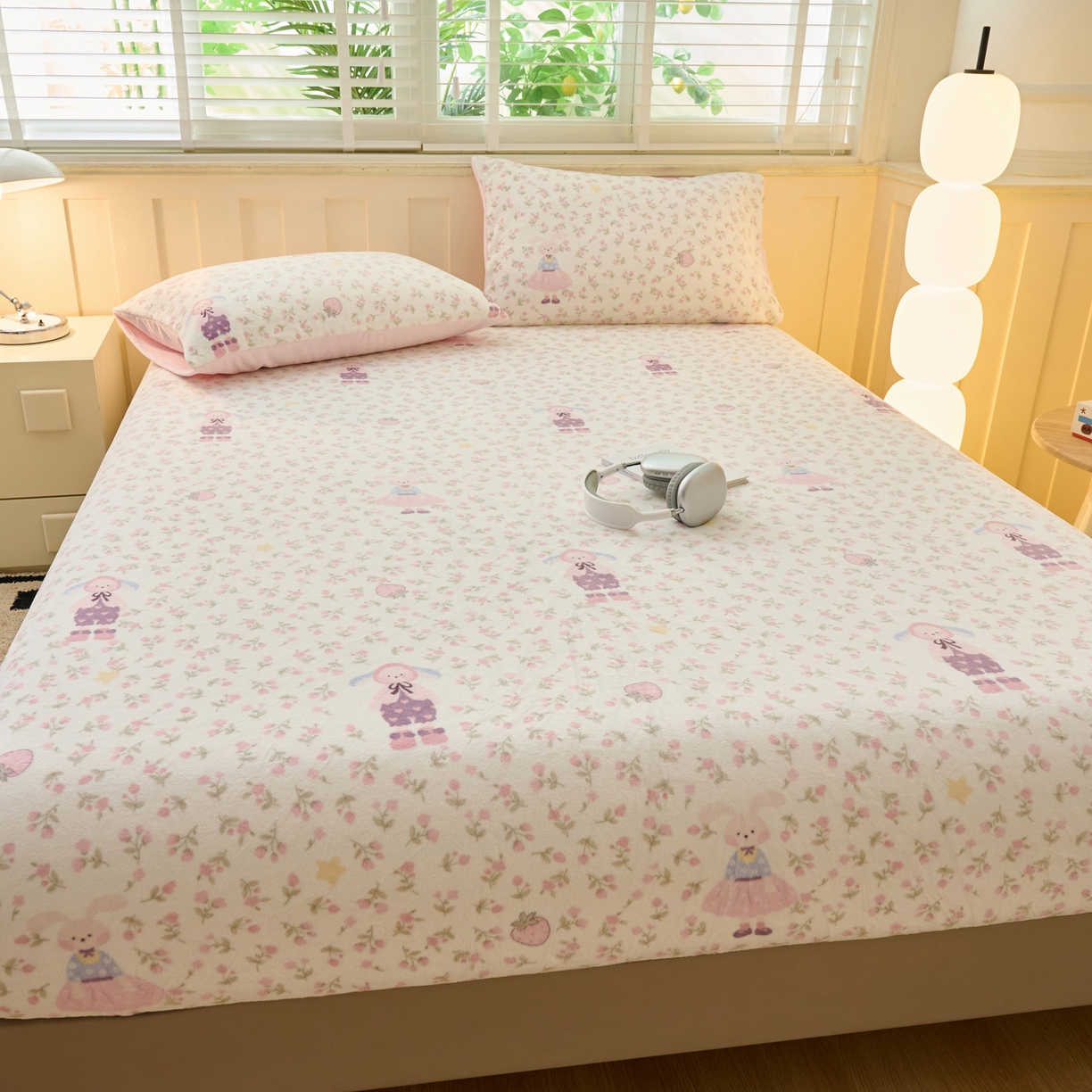 91家纺网 家纺一手货源 找家纺 早晨家纺 2025新款卡通印花高克重牛奶绒印花单床笠 花兔谣