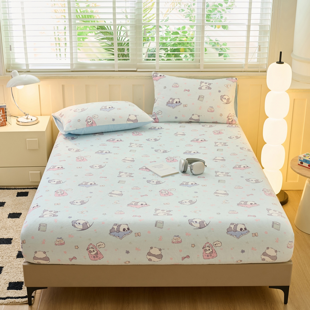 91家纺网 家纺一手货源 找家纺 早晨家纺 2025新款卡通印花高克重牛奶绒印花单床笠 胖达园