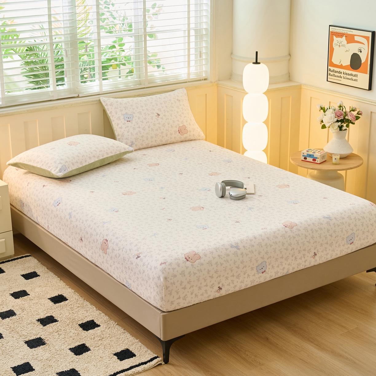 91家纺网 家纺一手货源 找家纺 早晨家纺 2025新款卡通印花高克重牛奶绒印花单床笠 萌熊絮