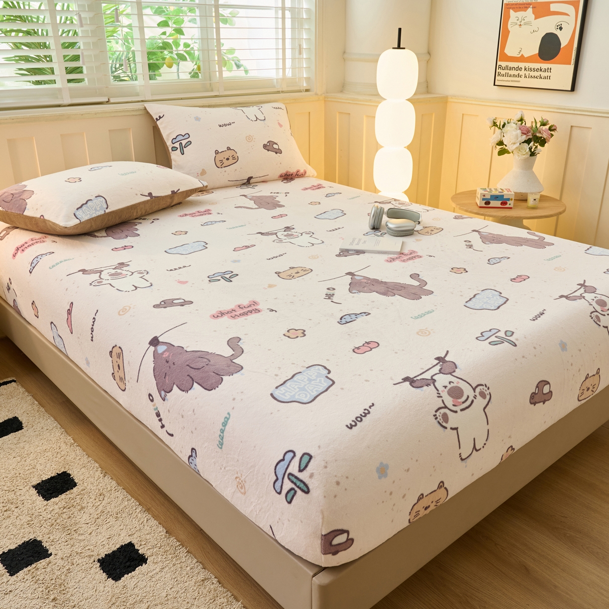 91家纺网 家纺一手货源 找家纺 早晨家纺 2025新款卡通印花高克重牛奶绒印花单床笠 萌趣屋