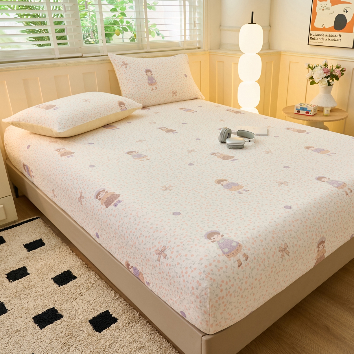 91家纺网 家纺一手货源 找家纺 早晨家纺 2025新款卡通印花高克重牛奶绒印花单床笠 童梦谣