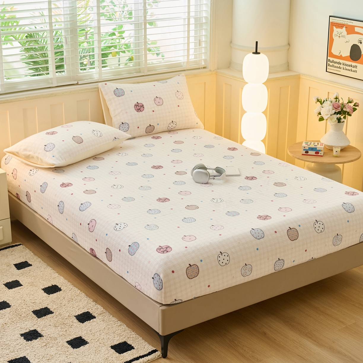 91家纺网 家纺一手货源 找家纺 早晨家纺 2025新款卡通印花高克重牛奶绒印花单床笠 甜果绘