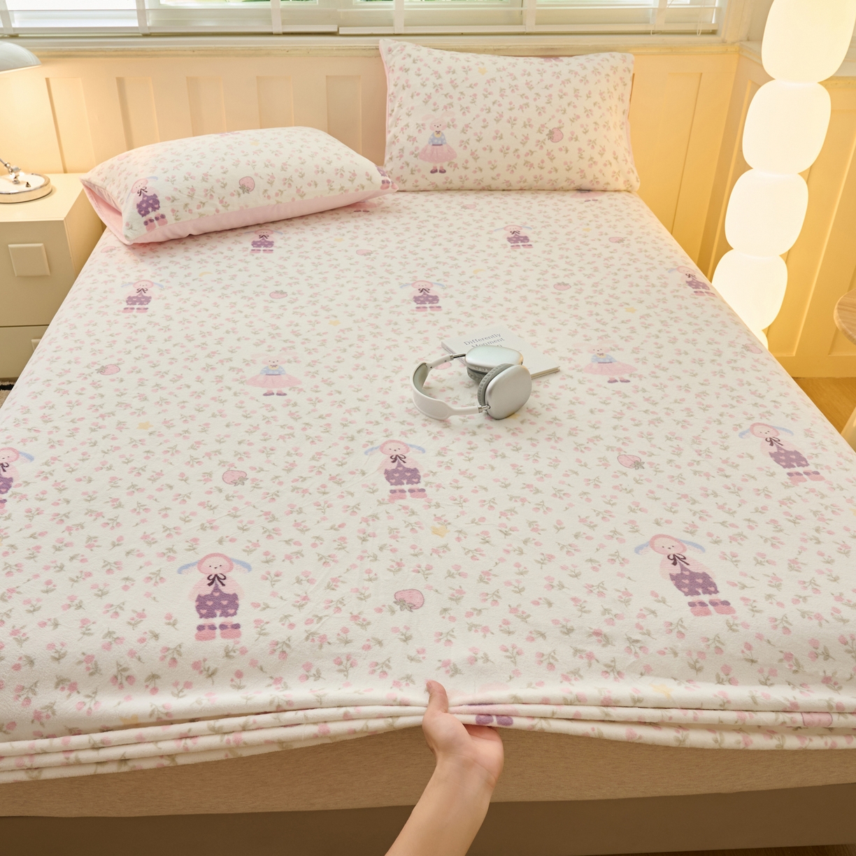 91家纺网 家纺一手货源 找家纺 早晨家纺 2025新款卡通印花高克重牛奶绒印花单床笠 花兔谣