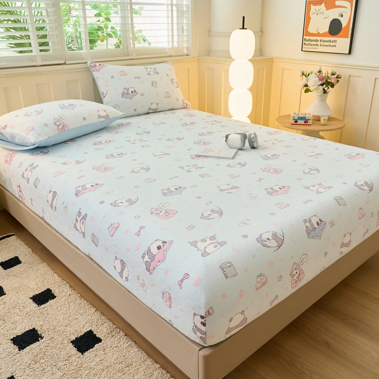 91家纺网 家纺一手货源 找家纺 早晨家纺 2025新款卡通印花高克重牛奶绒印花单床笠 胖达园